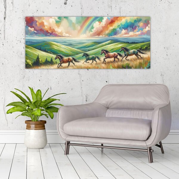 Slika – Konji koji galopiraju kroz krajolik (120x50 cm)