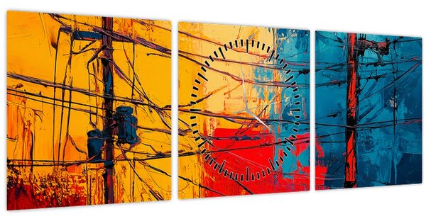 Slika - Apstraktne električne linije (sa satom) (90x30 cm)