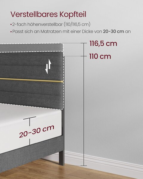 VASAGLE tapecirani okvir kreveta, za madrac 140 x 200 cm, sivi
