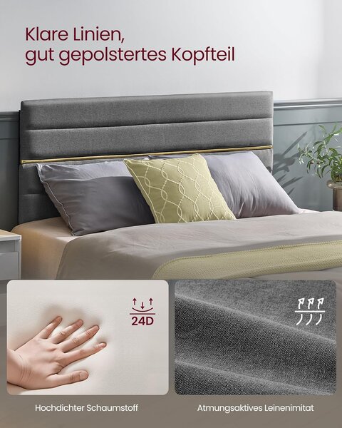 VASAGLE tapecirani okvir kreveta, za madrac 140 x 200 cm, sivi