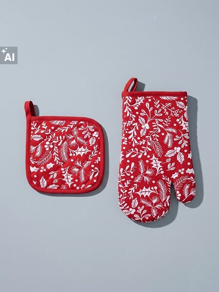 Sinsay - Božićni set: kuhinjska rukavica i podmetač za lonac s biljnim uzorkom 2 pack
