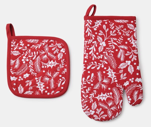 Sinsay - Božićni set: kuhinjska rukavica i podmetač za lonac s biljnim uzorkom 2 pack