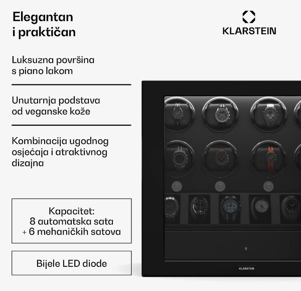 Klarstein ChronoVault navijač satova, 8+6 sata, veganski materijal, visoki sjaj, 4 režima, Mabuchi motor, LED, utičnica