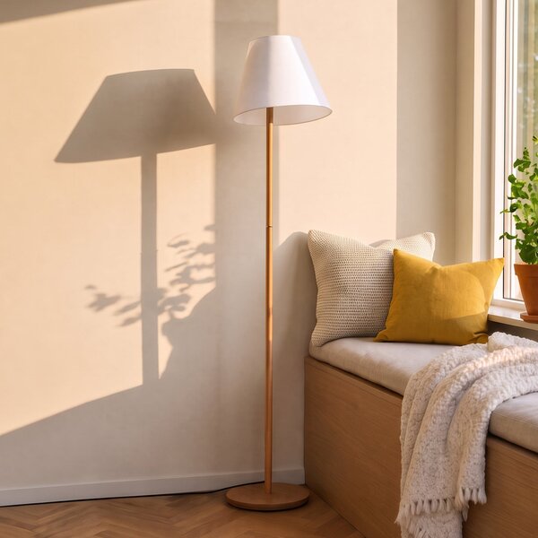 Lucande podna lampa Jinda, bijela, drvo, tkanina, 160 cm, E27, Bijela, Dnevni boravak/blagovaonica, Tkanina / tekstil