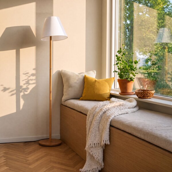 Lucande podna lampa Jinda, bijela, drvo, tkanina, 160 cm, E27, Bijela, Dnevni boravak/blagovaonica, Tkanina / tekstil