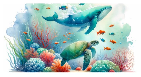 Slika kornjača i kit u oceanu