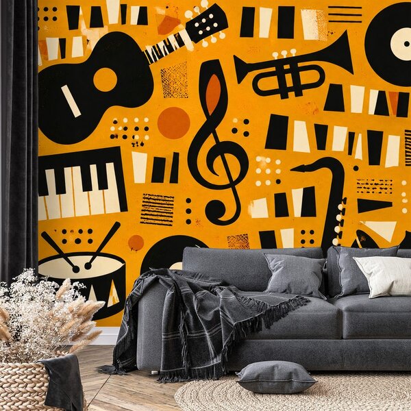 Tapeta retro glazbeni instrumenti na narančastoj