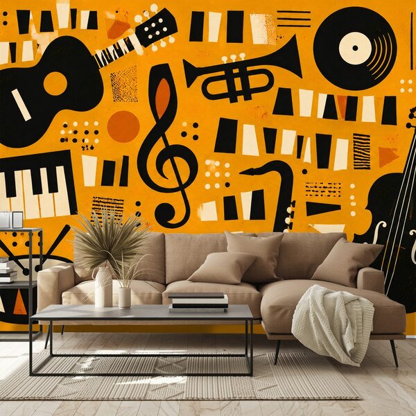 Tapeta retro glazbeni instrumenti na narančastoj