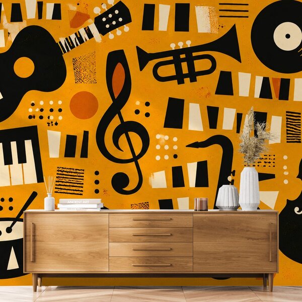 Tapeta retro glazbeni instrumenti na narančastoj
