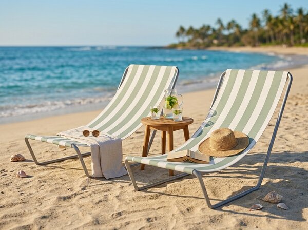 Set 2 kom sklopivih ležaljki za plažu SAND, svijetlozelene pruge
