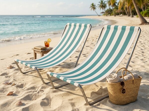 Set 2 kom sklopivih ležaljki za plažu SAND, tirkizne pruge