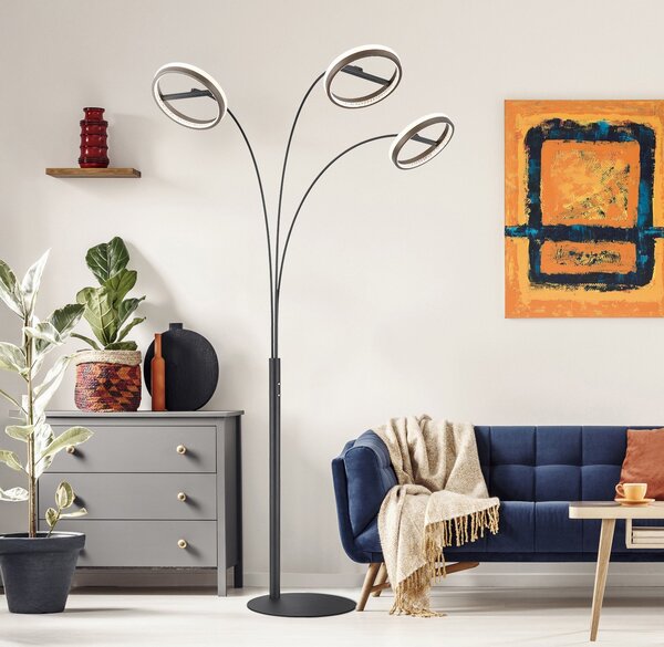 Globo LED podna lampa Della, visina 190 cm, crna/tamno siva, 3 žarulje., prigušiva, Crno, Dnevni boravak/blagovaonica, Metal