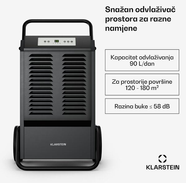 Klarstein DuraDry 90L odvlaživač zraka, 90 L/dan, 120-180 m², nehrđajući čelik, mobilni, 450 m³/h