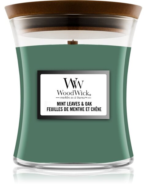 Woodwick Mint Leaves & Oak mirisna svijeća s drvenim fitiljem 275 g